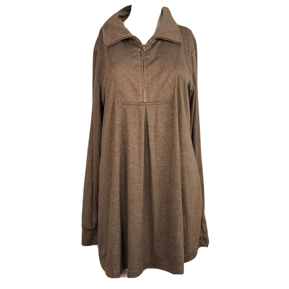 Timeson Shirt Womens Sz L Brown Long‎ Sleeve 1/4 Zip Tunic Top Stretch Lagan